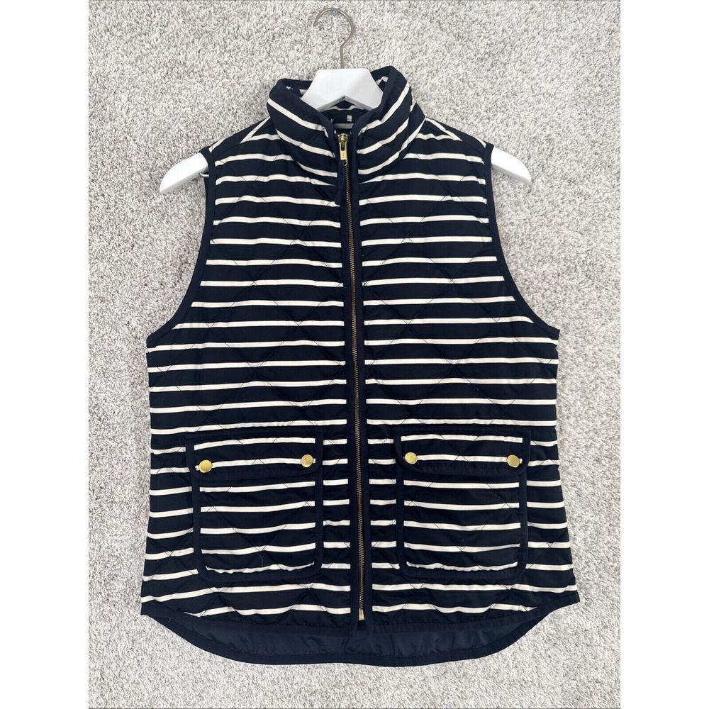 J.‎ Crew Womens Full Zip Stripe Quilted Down Puffer Vest Sz S Blue White